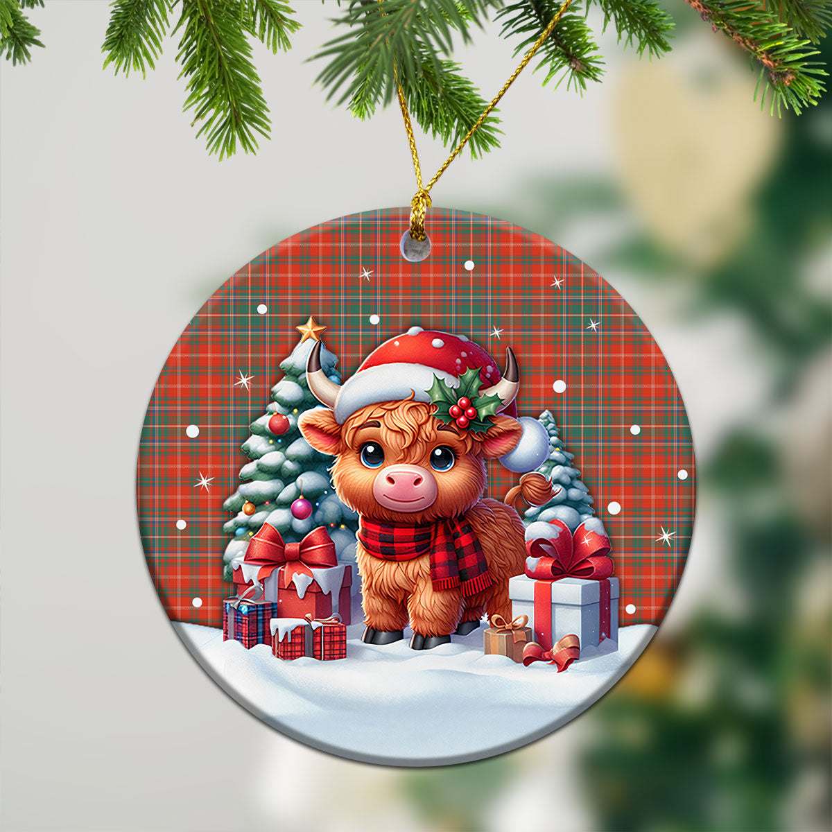 MacDougall Ancient Tartan Christmas Ceramic Ornament - Highland Cow Winter Style