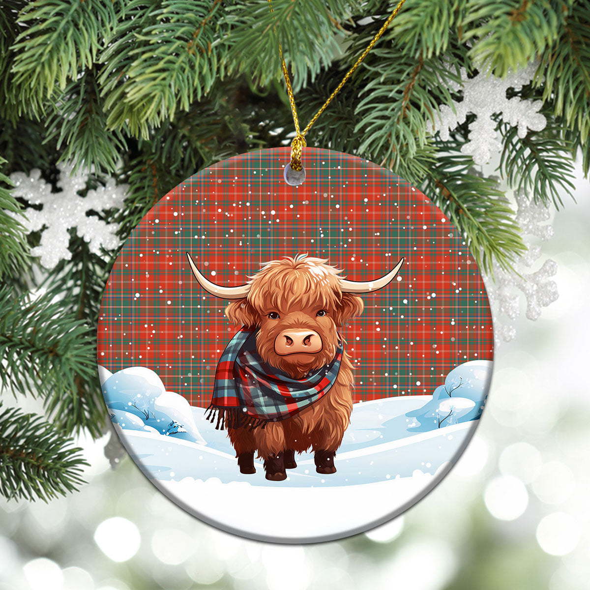 MacDougall Ancient Tartan Christmas Ceramic Ornament - Highland Cows Snow Style