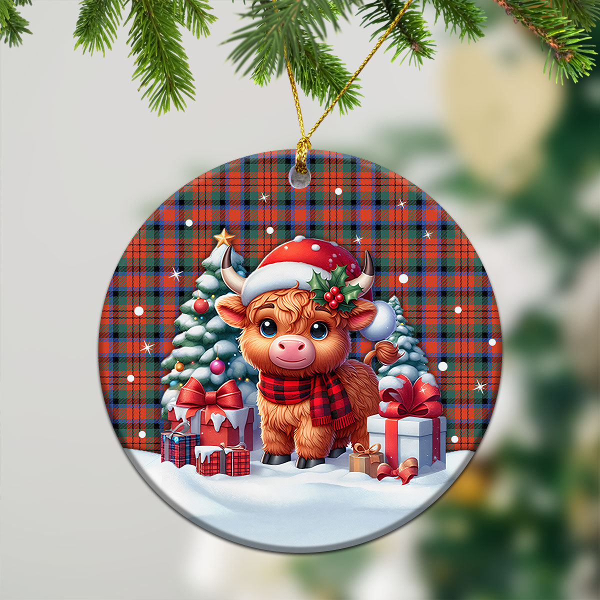 MacDuff Ancient Tartan Christmas Ceramic Ornament - Highland Cow Winter Style