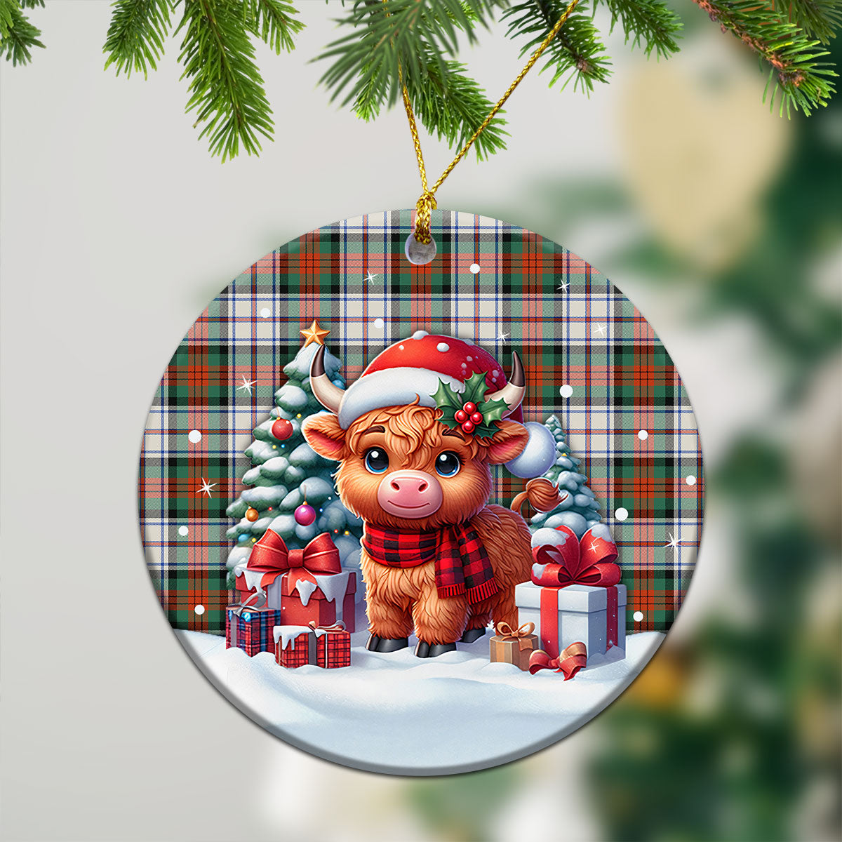 MacDuff Dress Ancient Tartan Christmas Ceramic Ornament - Highland Cow Winter Style