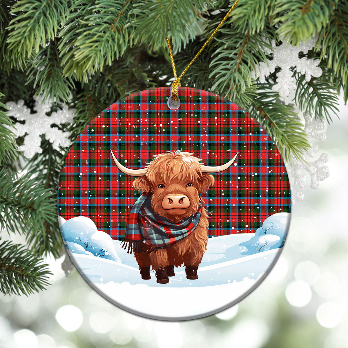 MacDuff Modern Tartan Christmas Ceramic Ornament - Highland Cows Snow Style