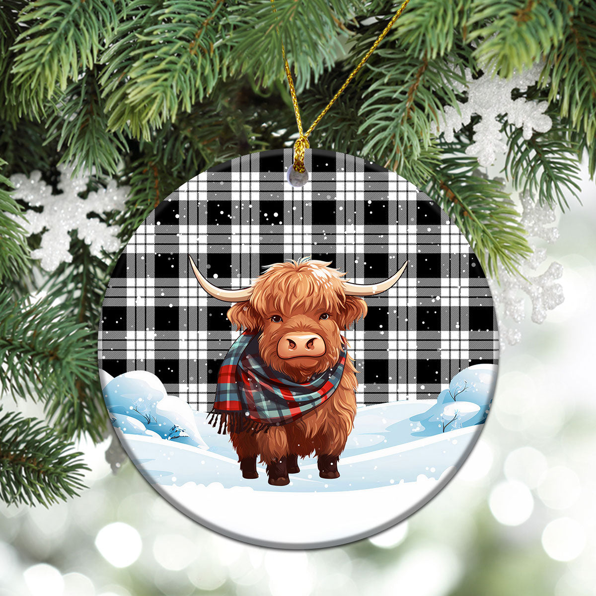 MacFarlane Black _ White Tartan Christmas Ceramic Ornament - Highland Cows Snow Style