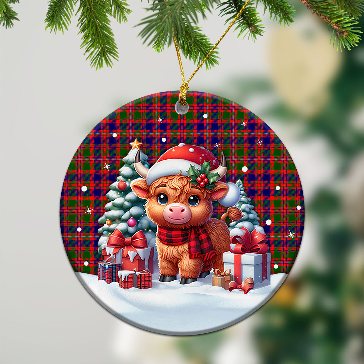 MacIntyre Modern Tartan Christmas Ceramic Ornament - Highland Cow Winter Style