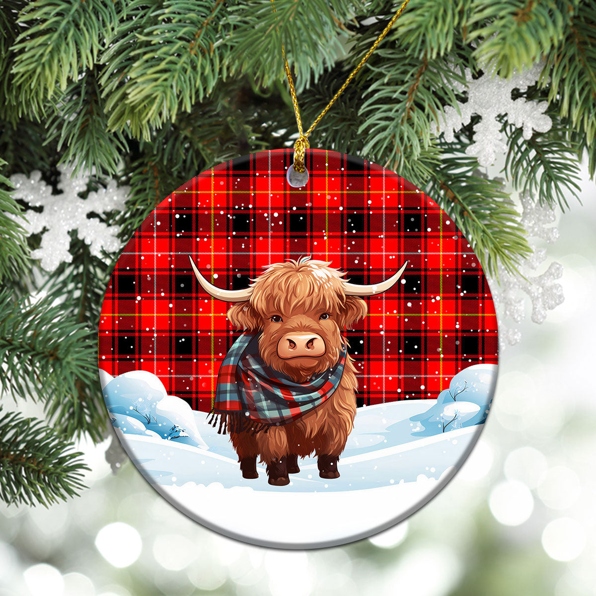 MacIver Modern Tartan Christmas Ceramic Ornament - Highland Cows Snow Style