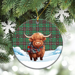 MacKinnon Hunting Ancient Tartan Christmas Ceramic Ornament - Highland Cows Snow Style