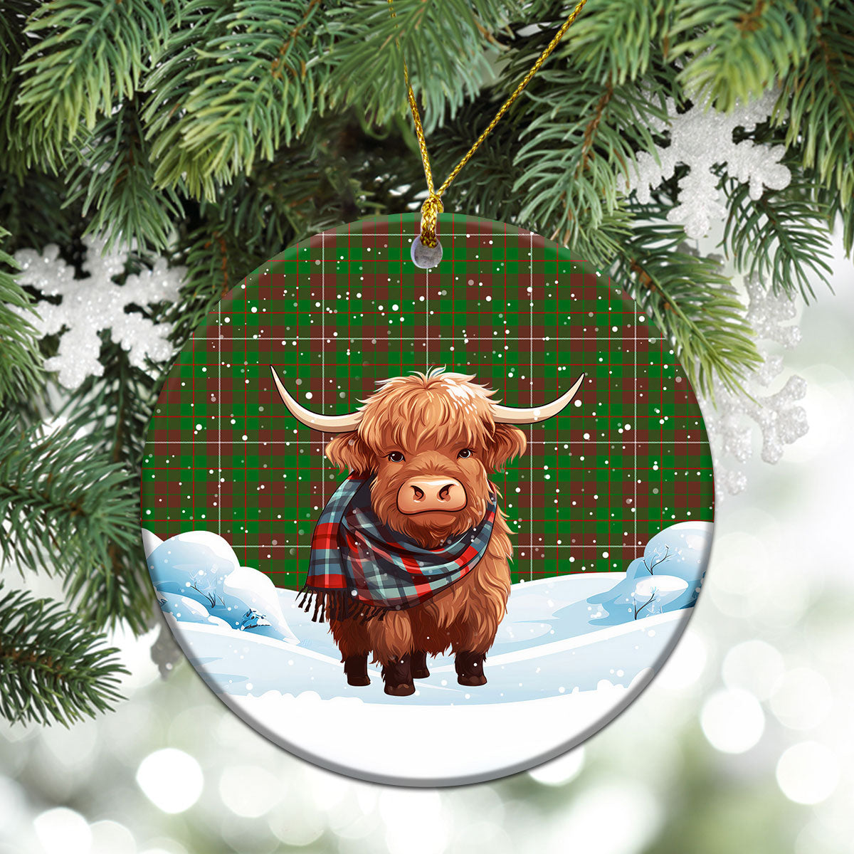 MacKinnon Hunting Modern Tartan Christmas Ceramic Ornament - Highland Cows Snow Style