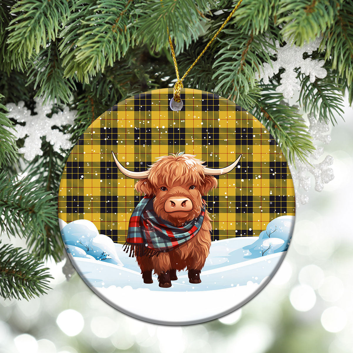 MacLeod of Lewis Ancient Tartan Christmas Ceramic Ornament - Highland Cows Snow Style