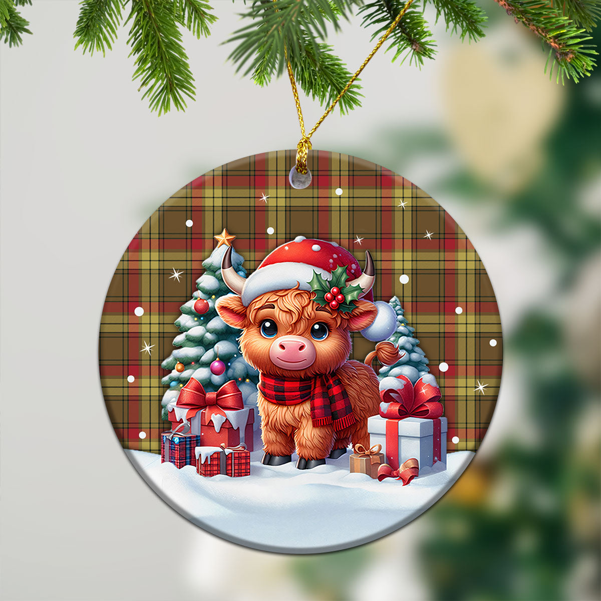 MacMillan Old Weathered Tartan Christmas Ceramic Ornament - Highland Cow Winter Style