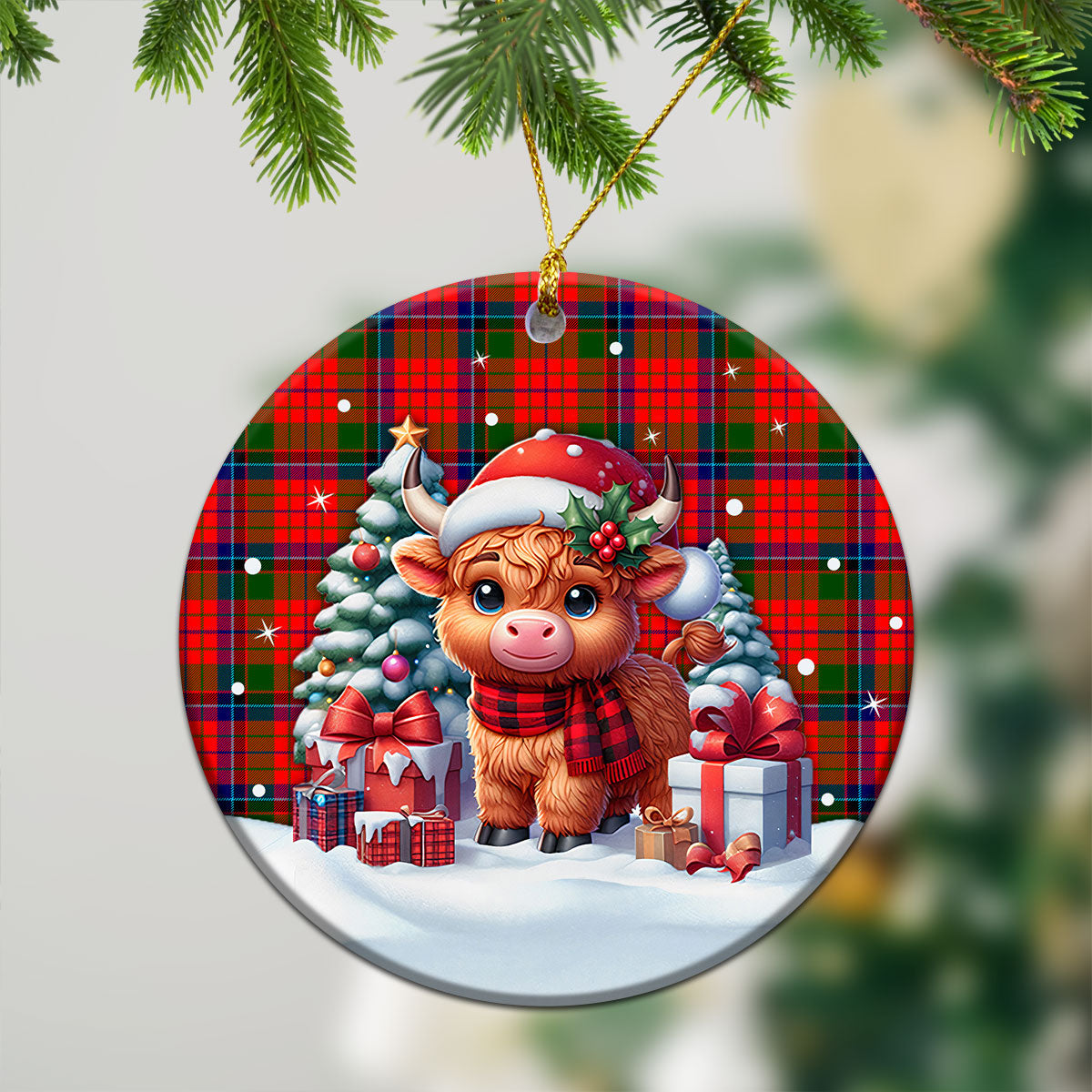 MacNicol (of Scorrybreac) Tartan Christmas Ceramic Ornament - Highland Cow Winter Style