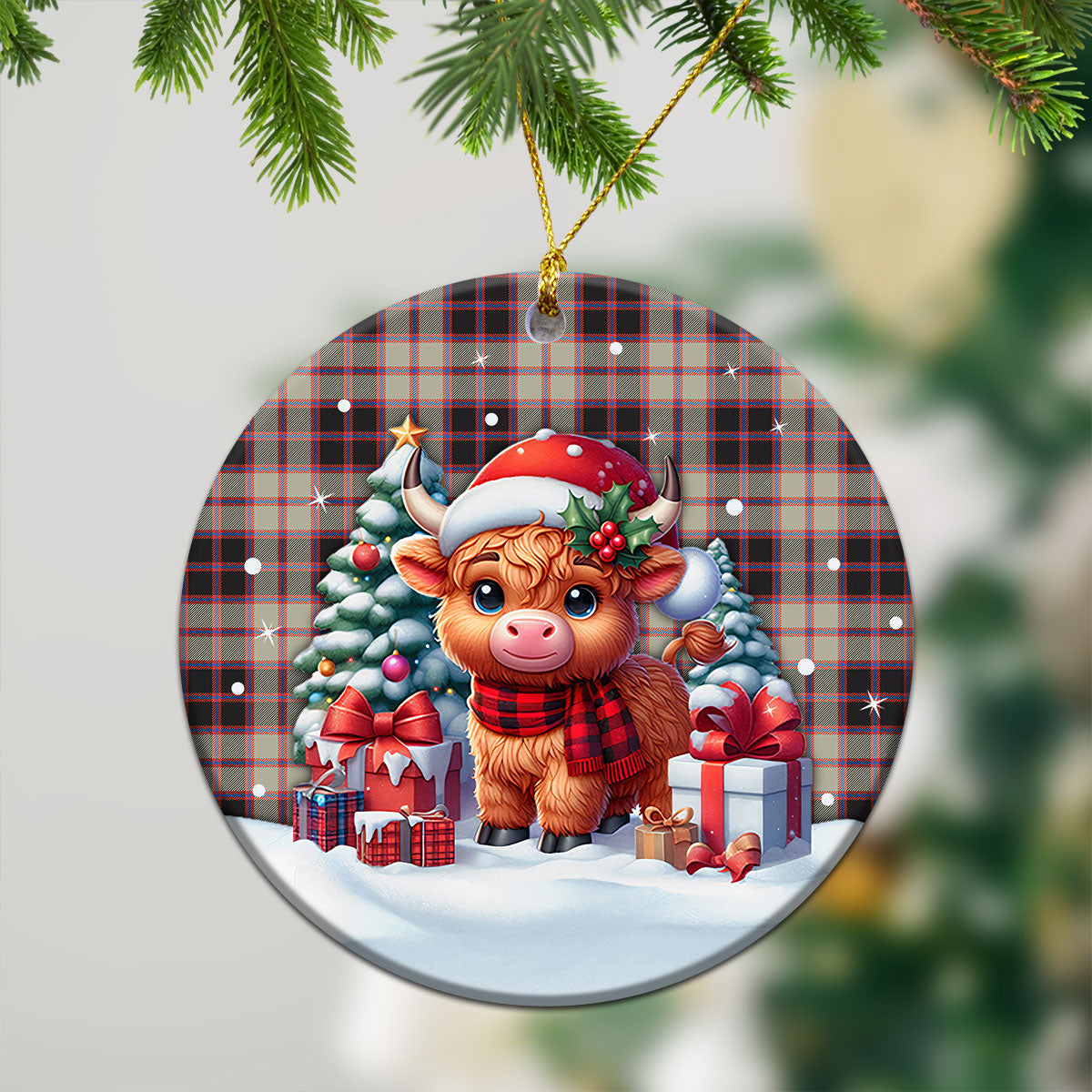 MacPherson Hunting Ancient Tartan Christmas Ceramic Ornament - Highland Cow Winter Style