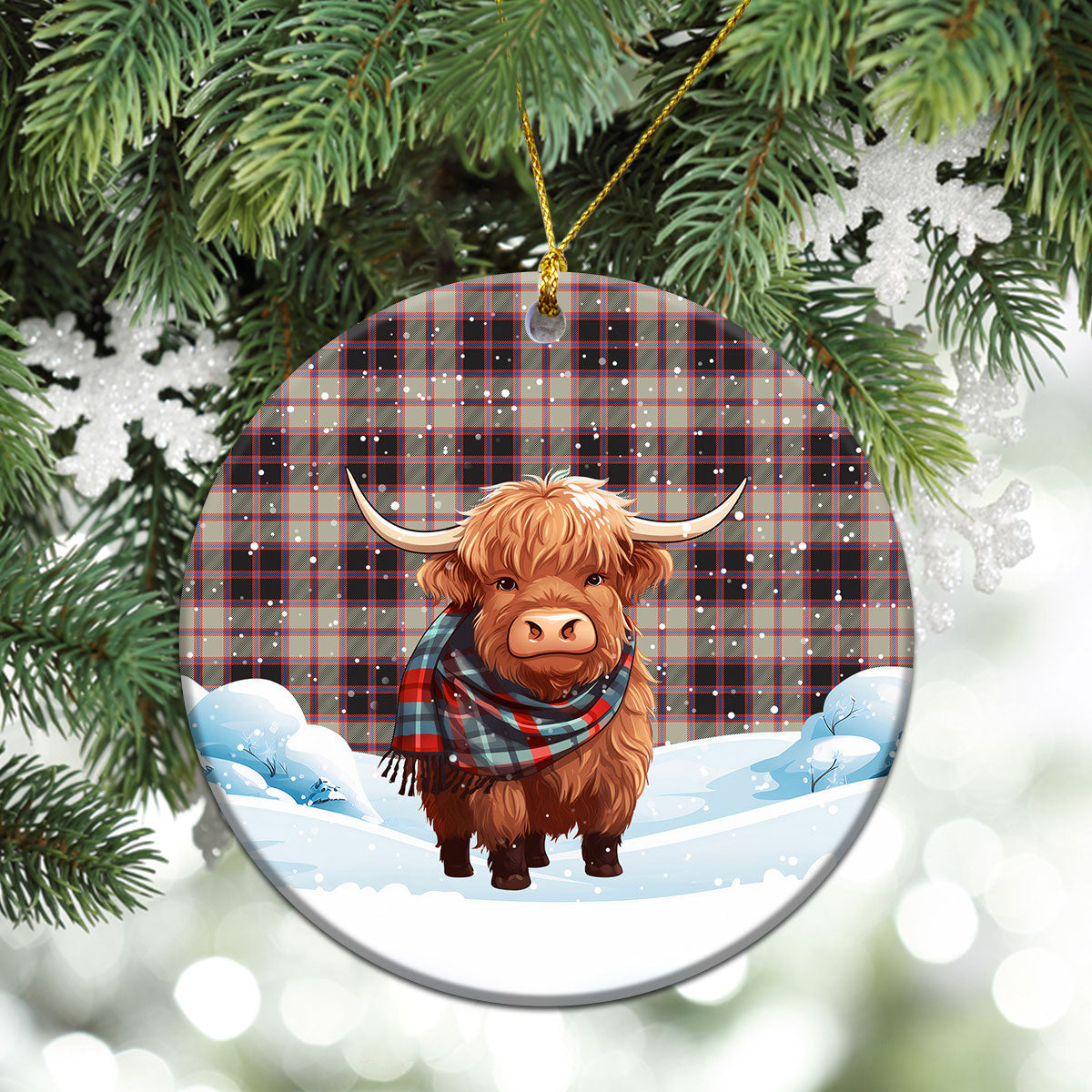 MacPherson Hunting Ancient Tartan Christmas Ceramic Ornament - Highland Cows Snow Style