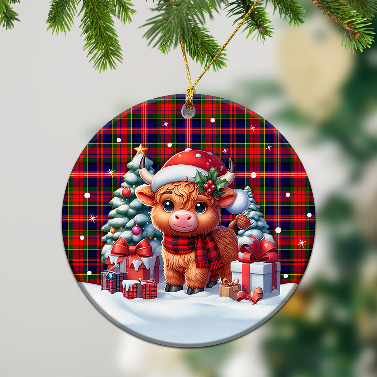 MacPherson Modern Tartan Christmas Ceramic Ornament - Highland Cow Winter Style