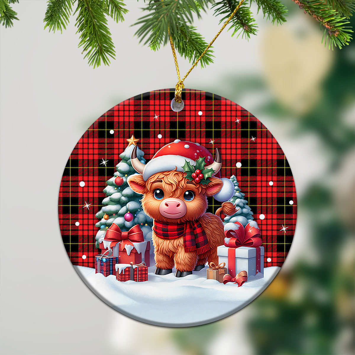 MacQueen Modern Tartan Christmas Ceramic Ornament - Highland Cow Winter Style