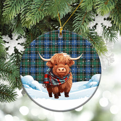 MacRae Hunting Ancient Tartan Christmas Ceramic Ornament - Highland Cows Snow Style