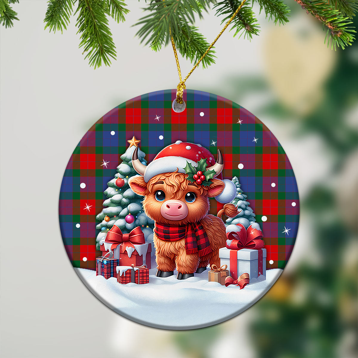 Mar Tartan Christmas Ceramic Ornament - Highland Cow Winter Style