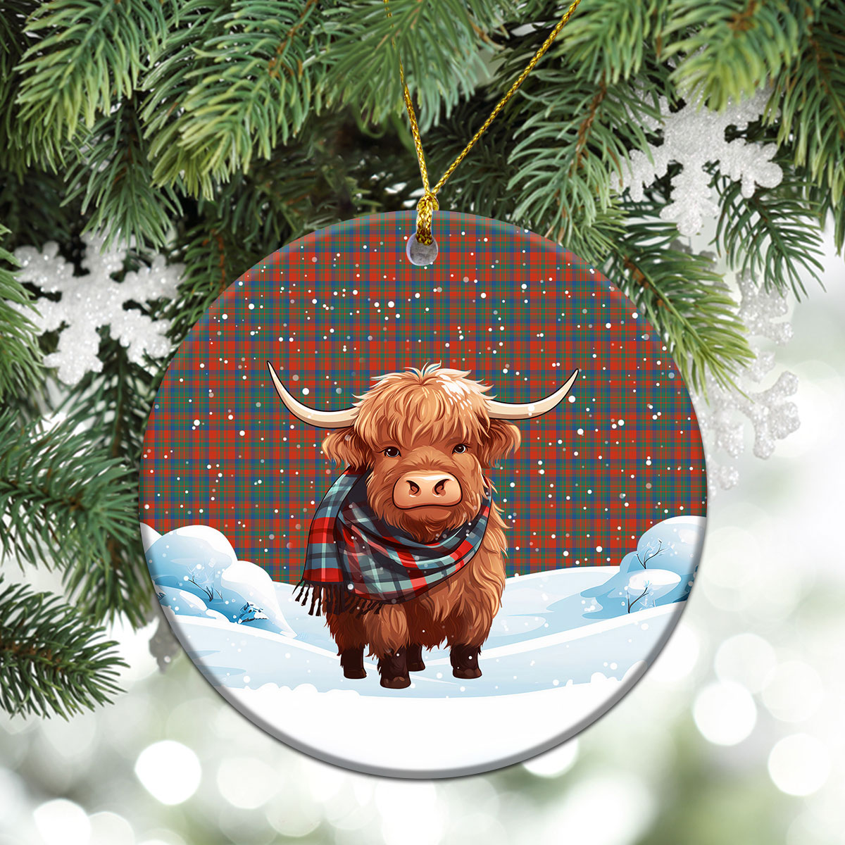 Matheson Ancient Tartan Christmas Ceramic Ornament - Highland Cows Snow Style