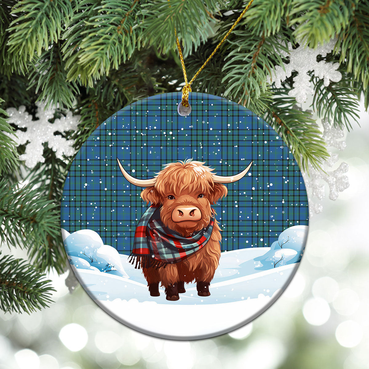 Matheson Hunting Ancient Tartan Christmas Ceramic Ornament - Highland Cows Snow Style