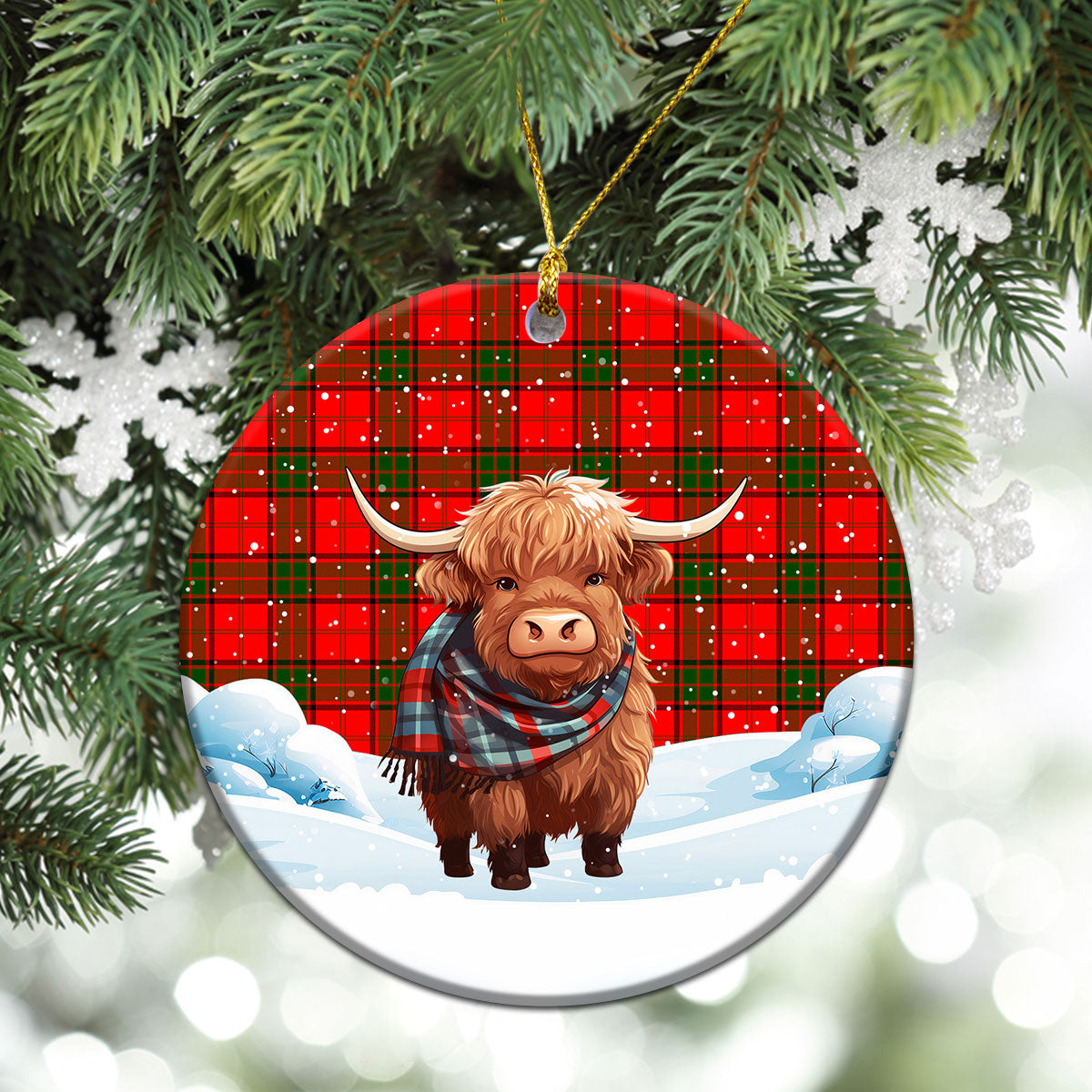 Maxwell Modern Tartan Christmas Ceramic Ornament - Highland Cows Snow Style