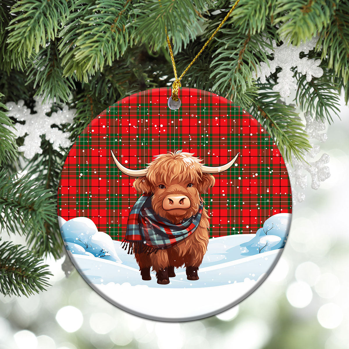 McAulay Modern Tartan Christmas Ceramic Ornament - Highland Cows Snow Style