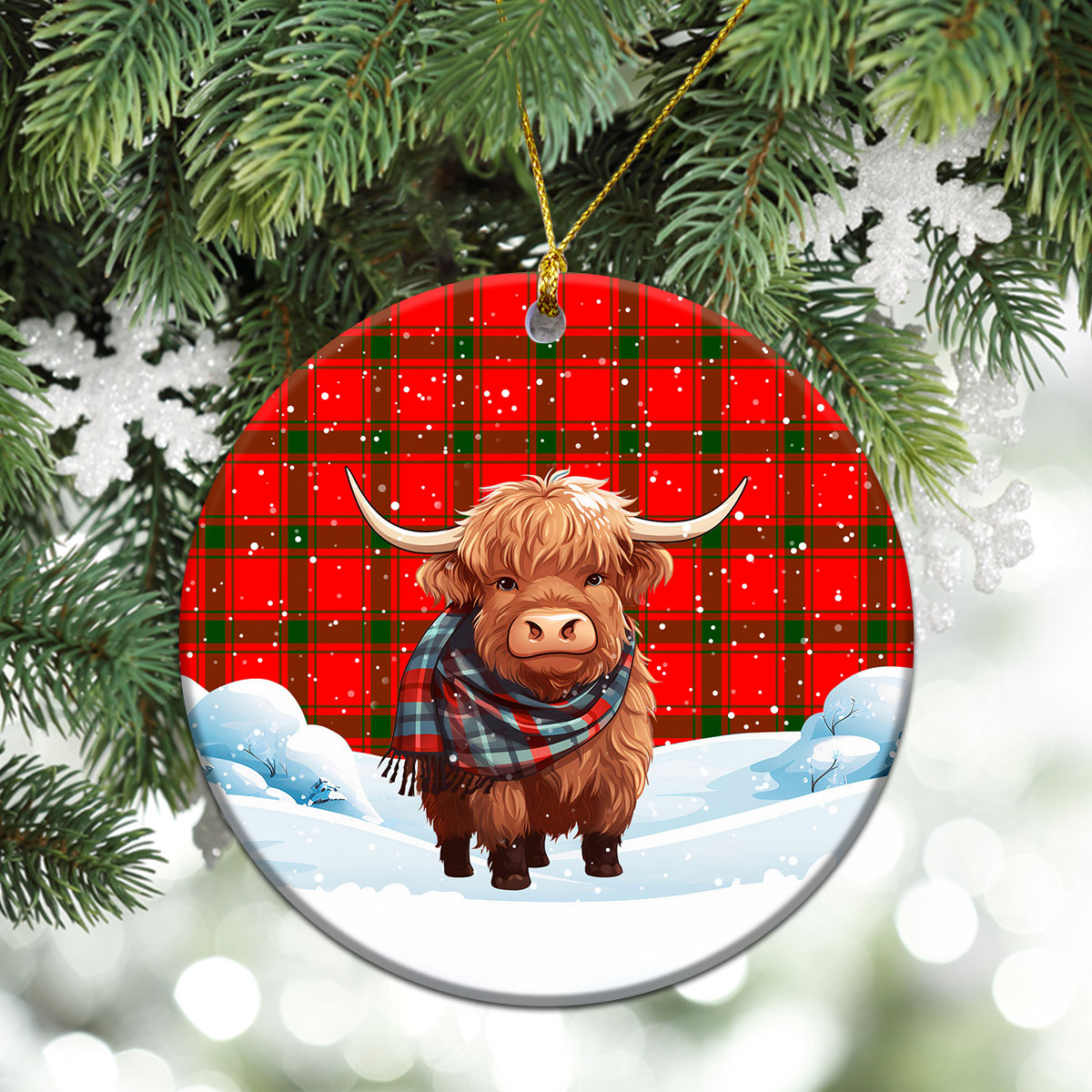 McDonald of Sleat Tartan Christmas Ceramic Ornament - Highland Cows Snow Style