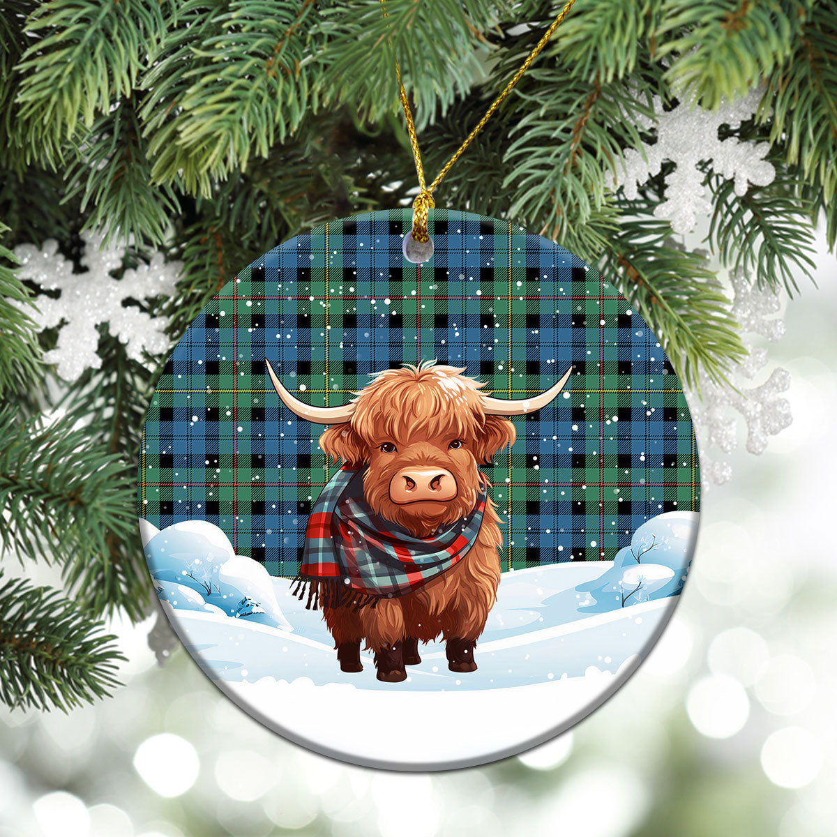 McEwan Ancient Tartan Christmas Ceramic Ornament - Highland Cows Snow Style