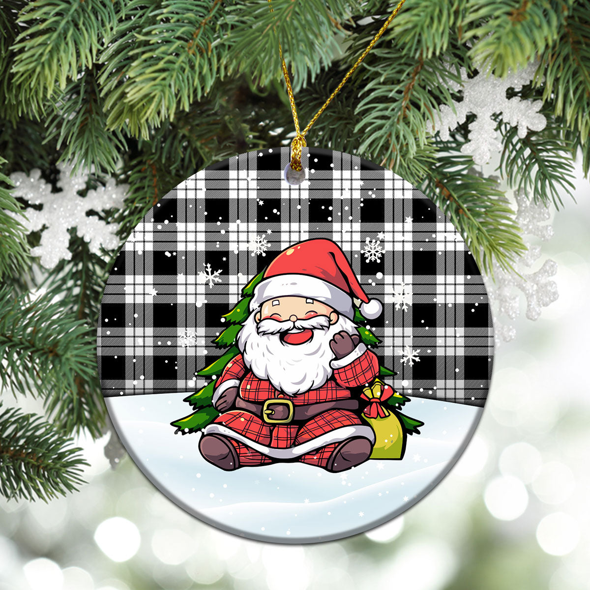 McFarlane Black _ White Tartan Christmas Ceramic Ornament - Scottish Santa Style