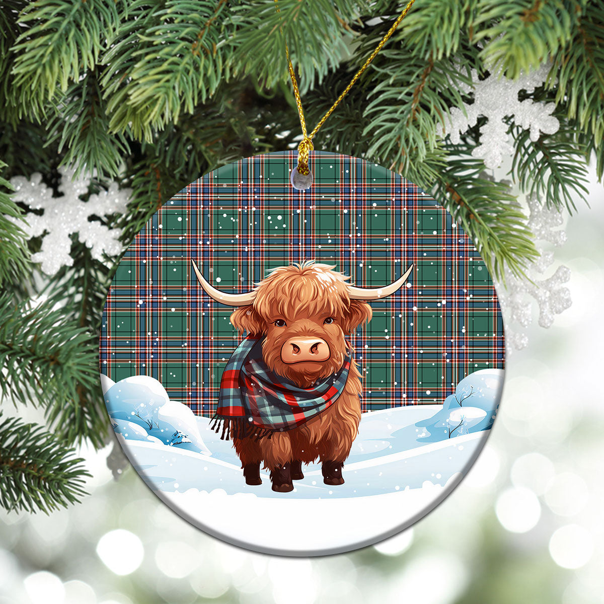 McFarlane Hunting Ancient Tartan Christmas Ceramic Ornament - Highland Cows Snow Style