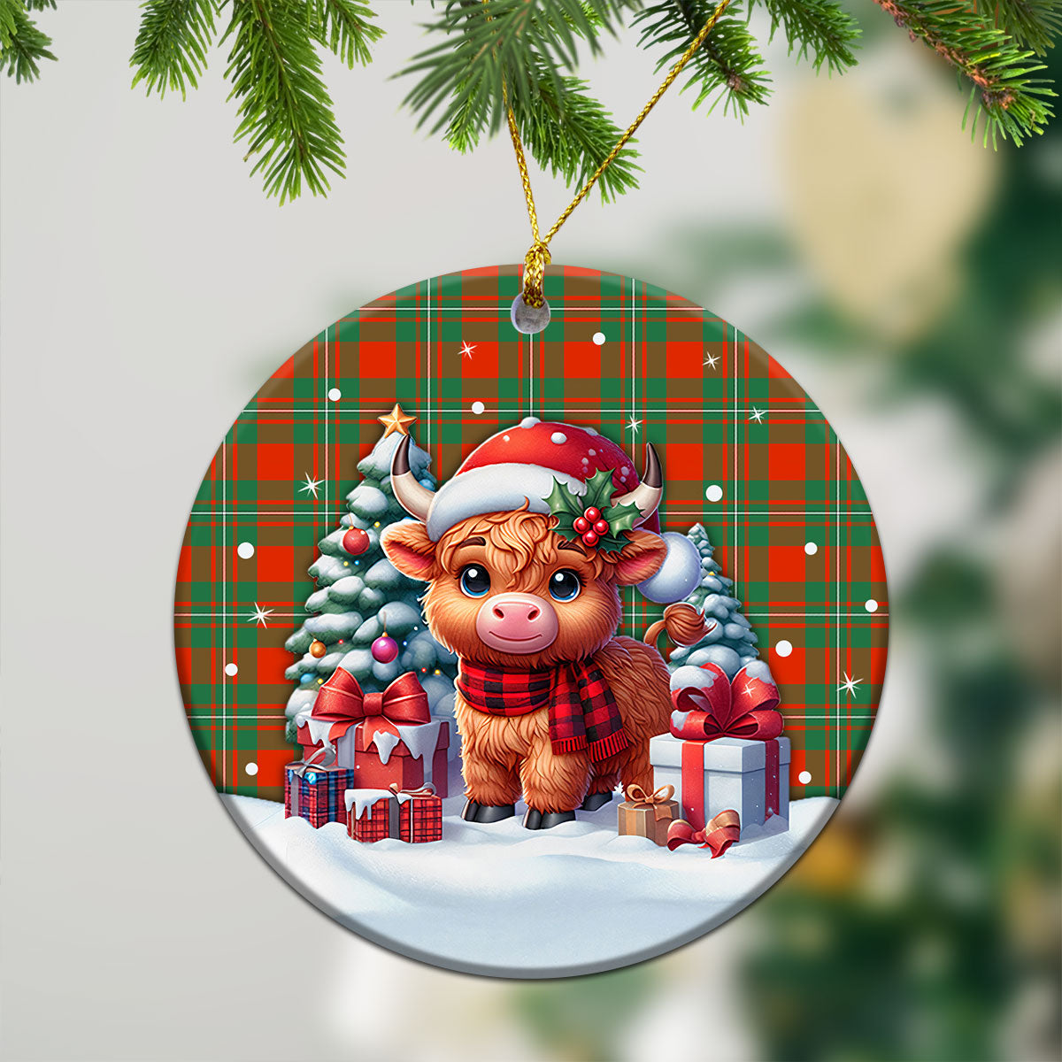 McGregor Ancient Tartan Christmas Ceramic Ornament - Highland Cow Winter Style