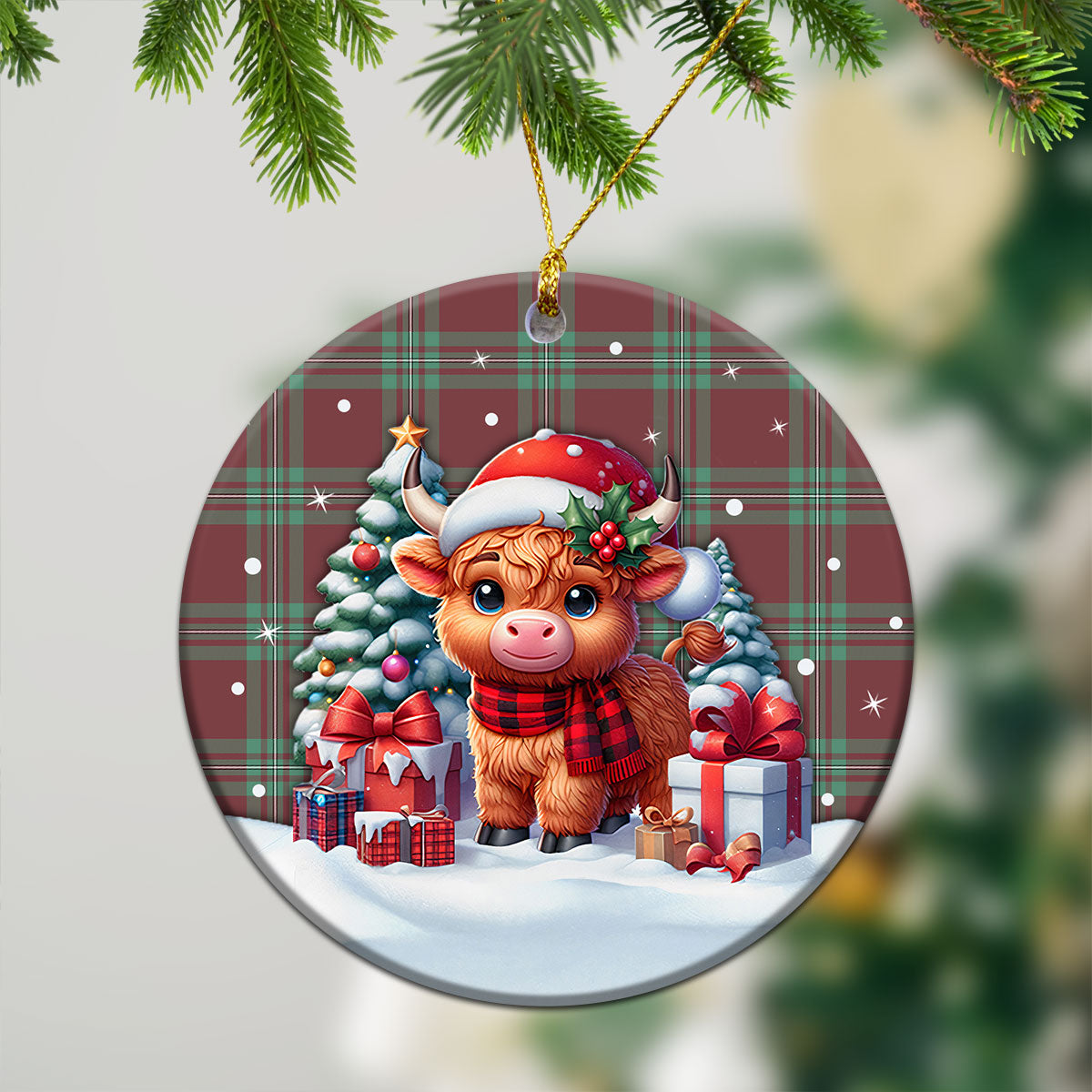 McGregor Hunting Ancient Tartan Christmas Ceramic Ornament - Highland Cow Winter Style