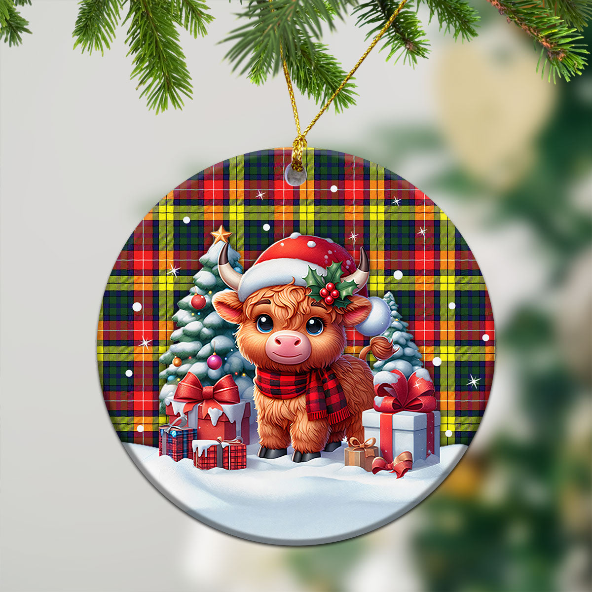 McIndoe Tartan Christmas Ceramic Ornament - Highland Cow Winter Style