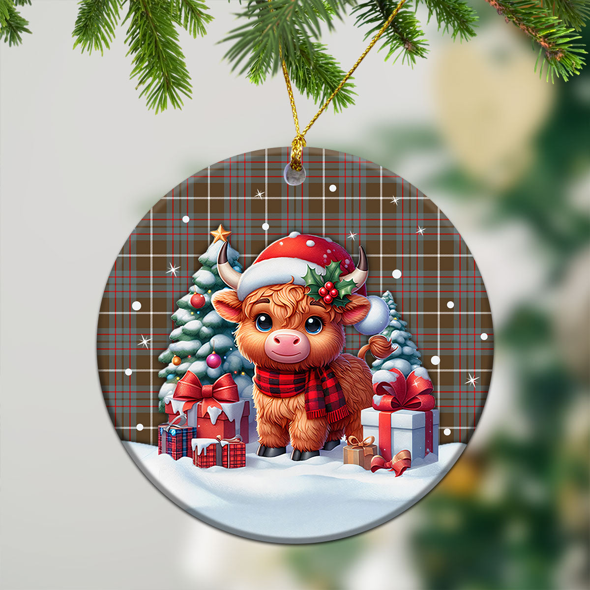 McIntyre Hunting Weathered Tartan Christmas Ceramic Ornament - Highland Cow Winter Style