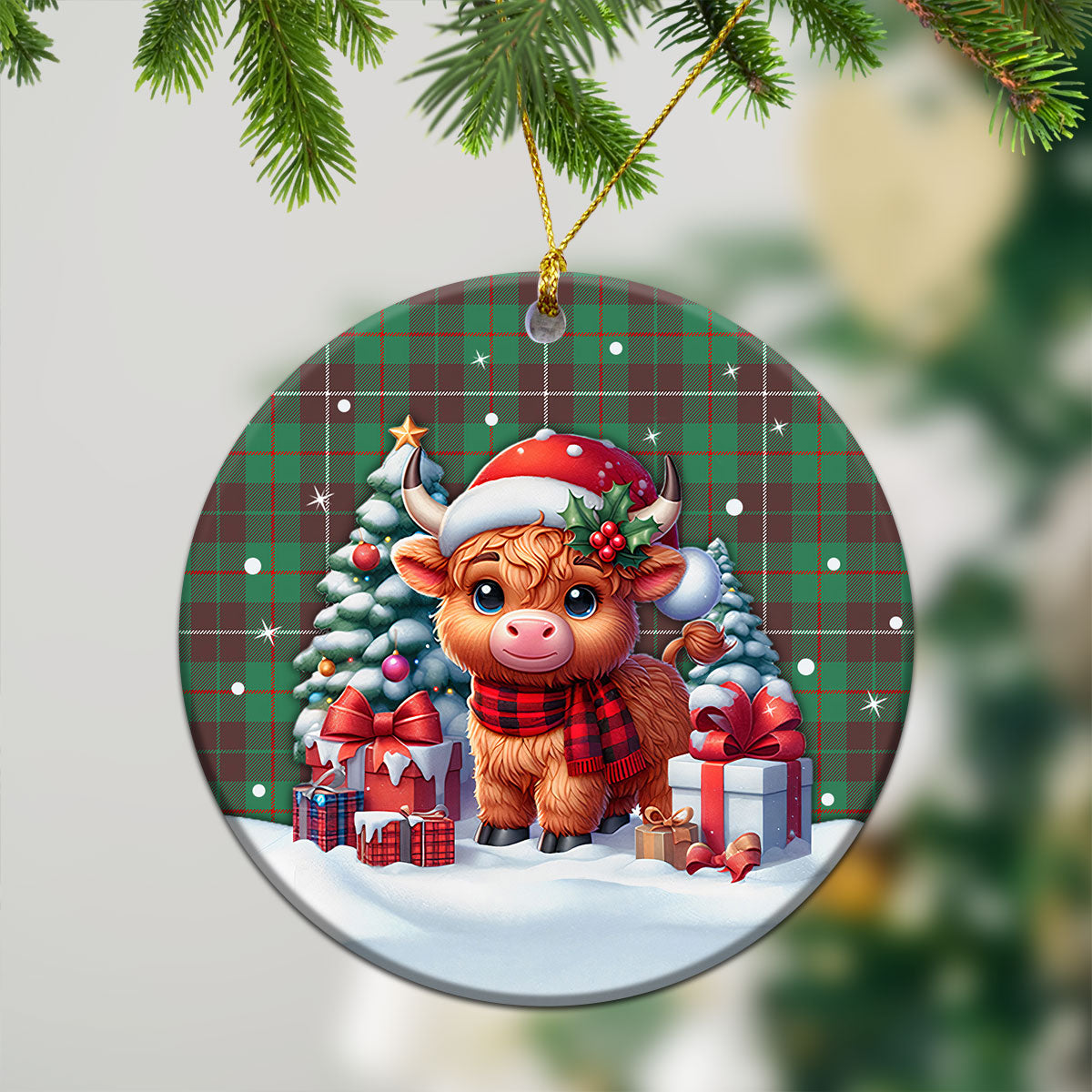 McKinnon Hunting Ancient Tartan Christmas Ceramic Ornament - Highland Cow Winter Style