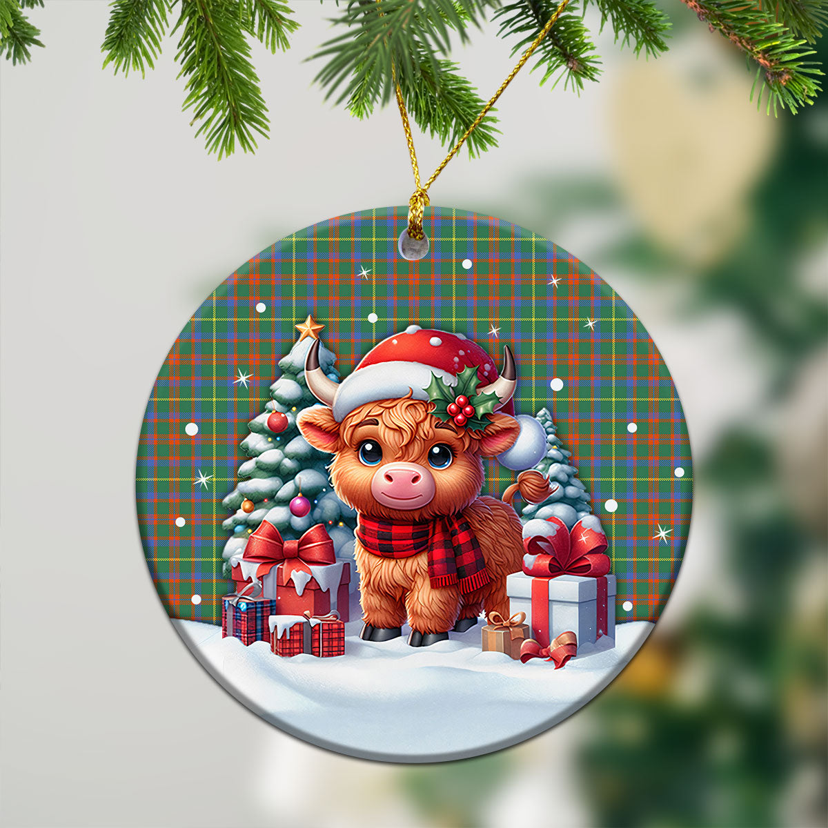 McKintosh Hunting Ancient Tartan Christmas Ceramic Ornament - Highland Cow Winter Style