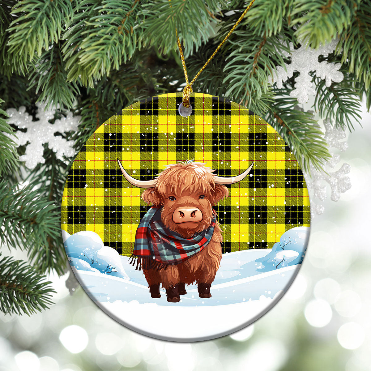 McLeod of Lewis Modern Tartan Christmas Ceramic Ornament - Highland Cows Snow Style