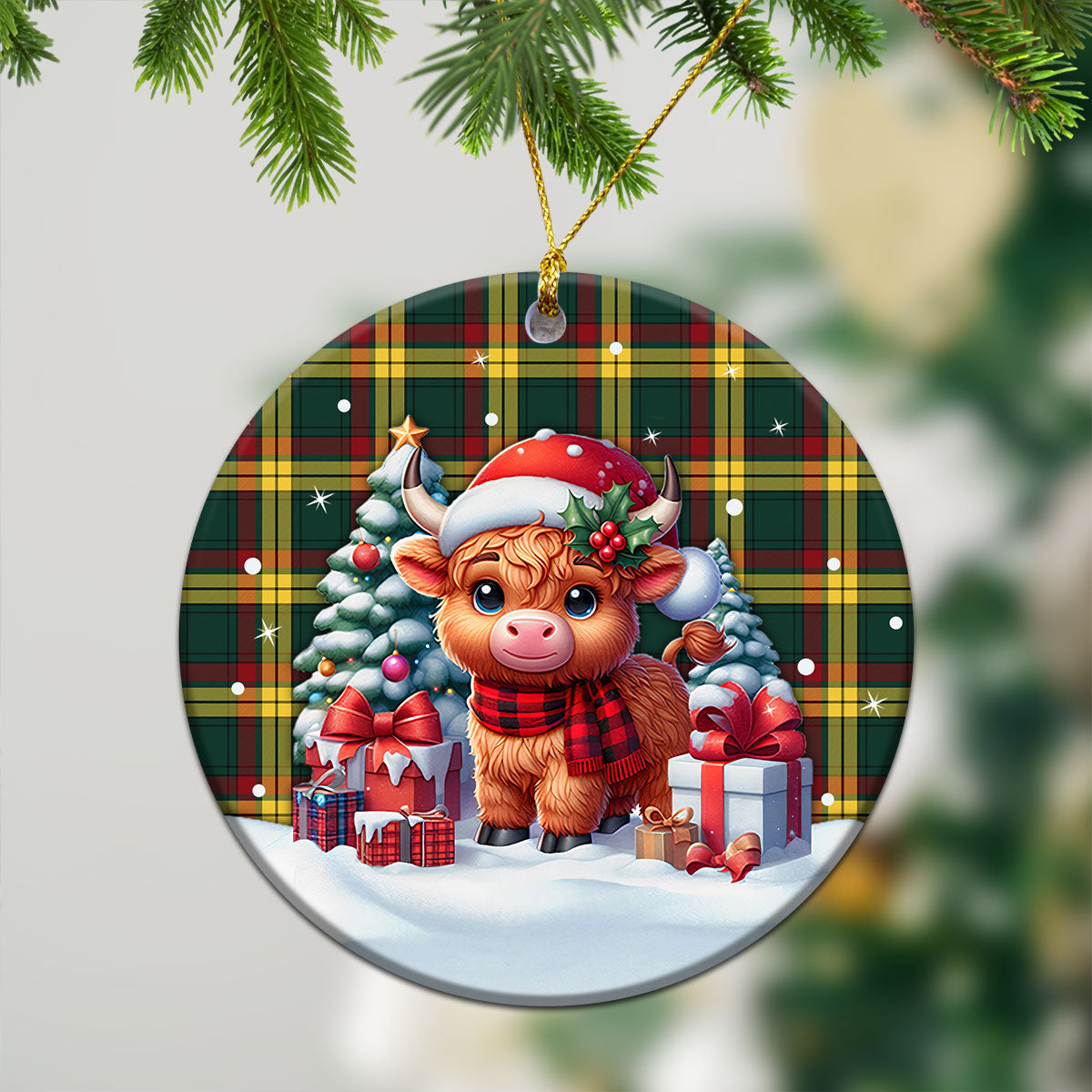 McMillan Old Modern Tartan Christmas Ceramic Ornament - Highland Cow Winter Style