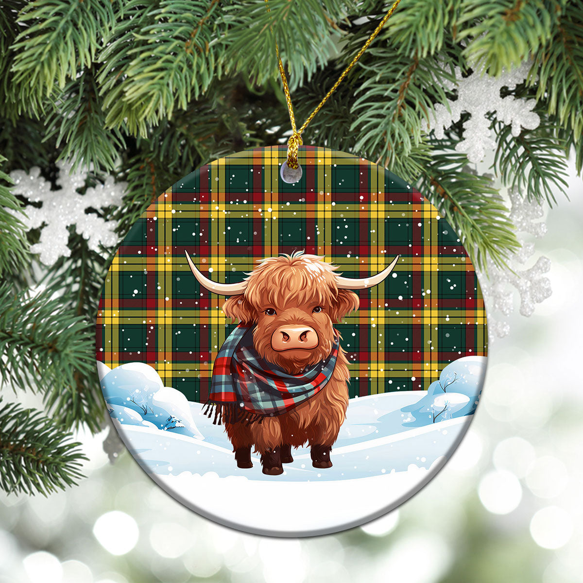 McMillan Old Modern Tartan Christmas Ceramic Ornament - Highland Cows Snow Style