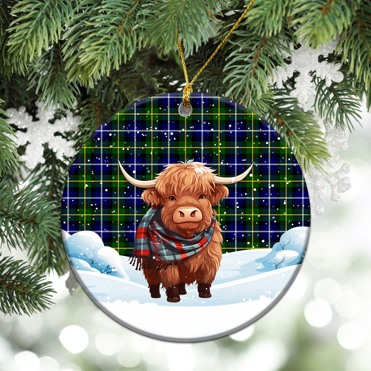 McNeil of Barra Modern Tartan Christmas Ceramic Ornament - Highland Cows Snow Style