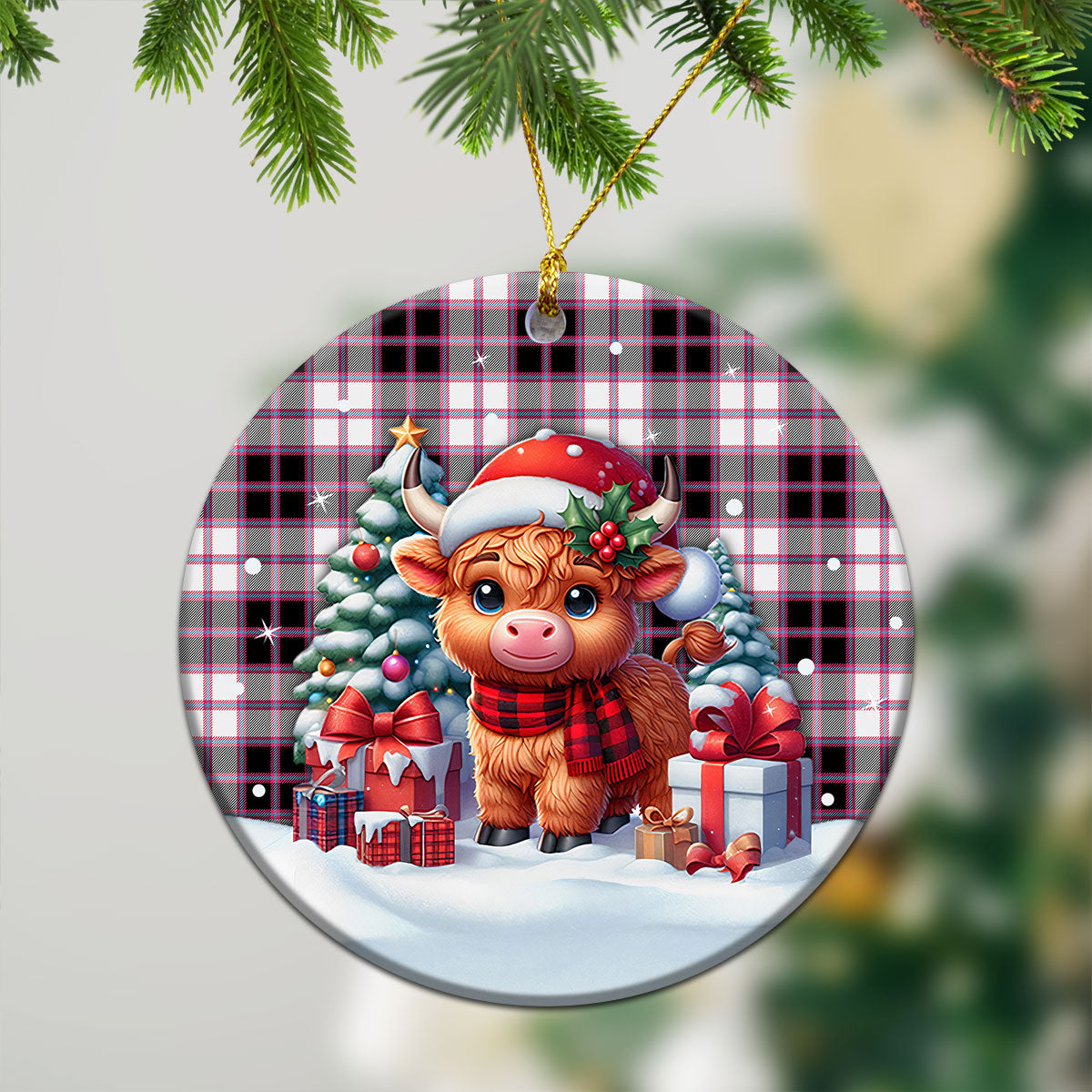 McPherson Hunting Modern Tartan Christmas Ceramic Ornament - Highland Cow Winter Style