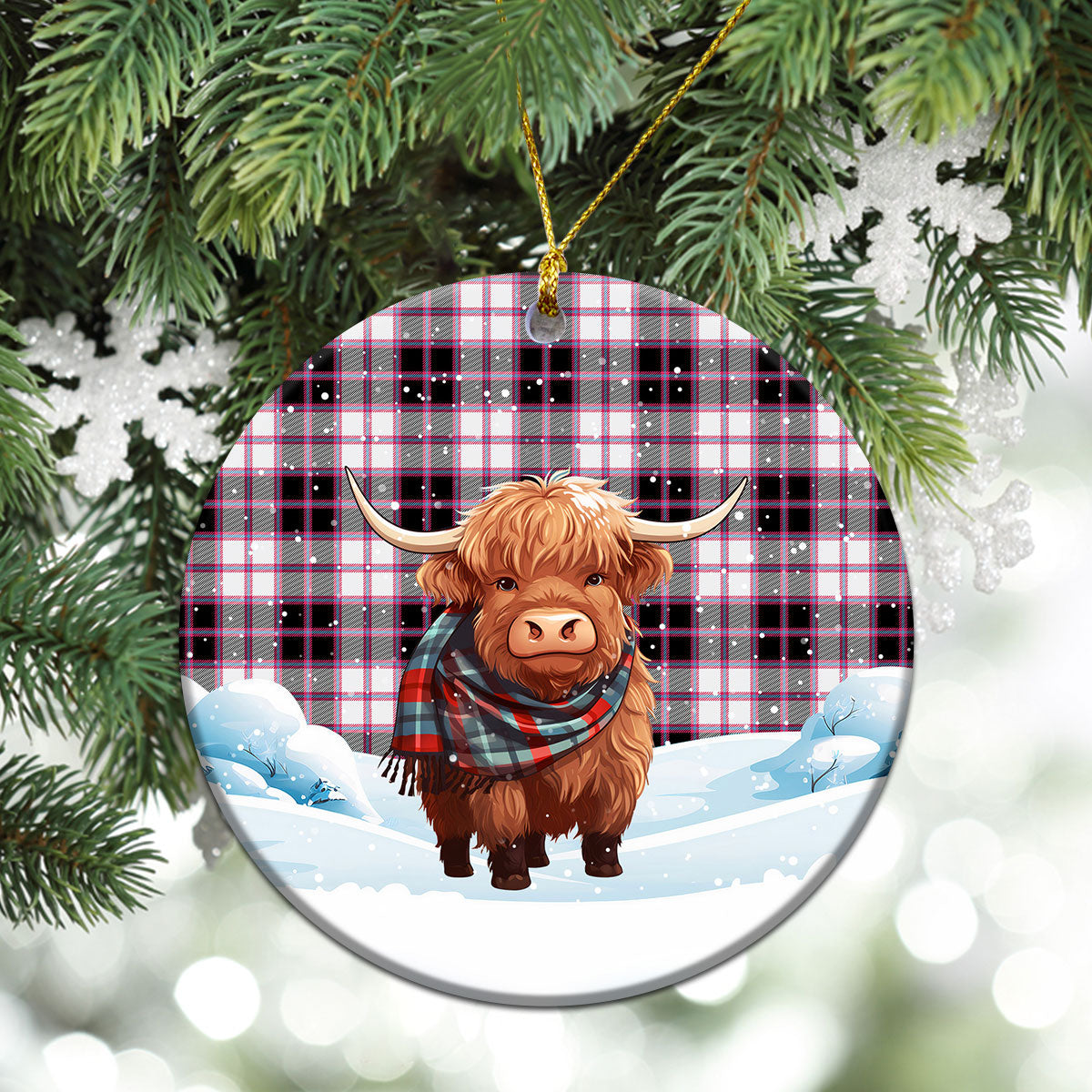 McPherson Hunting Modern Tartan Christmas Ceramic Ornament - Highland Cows Snow Style