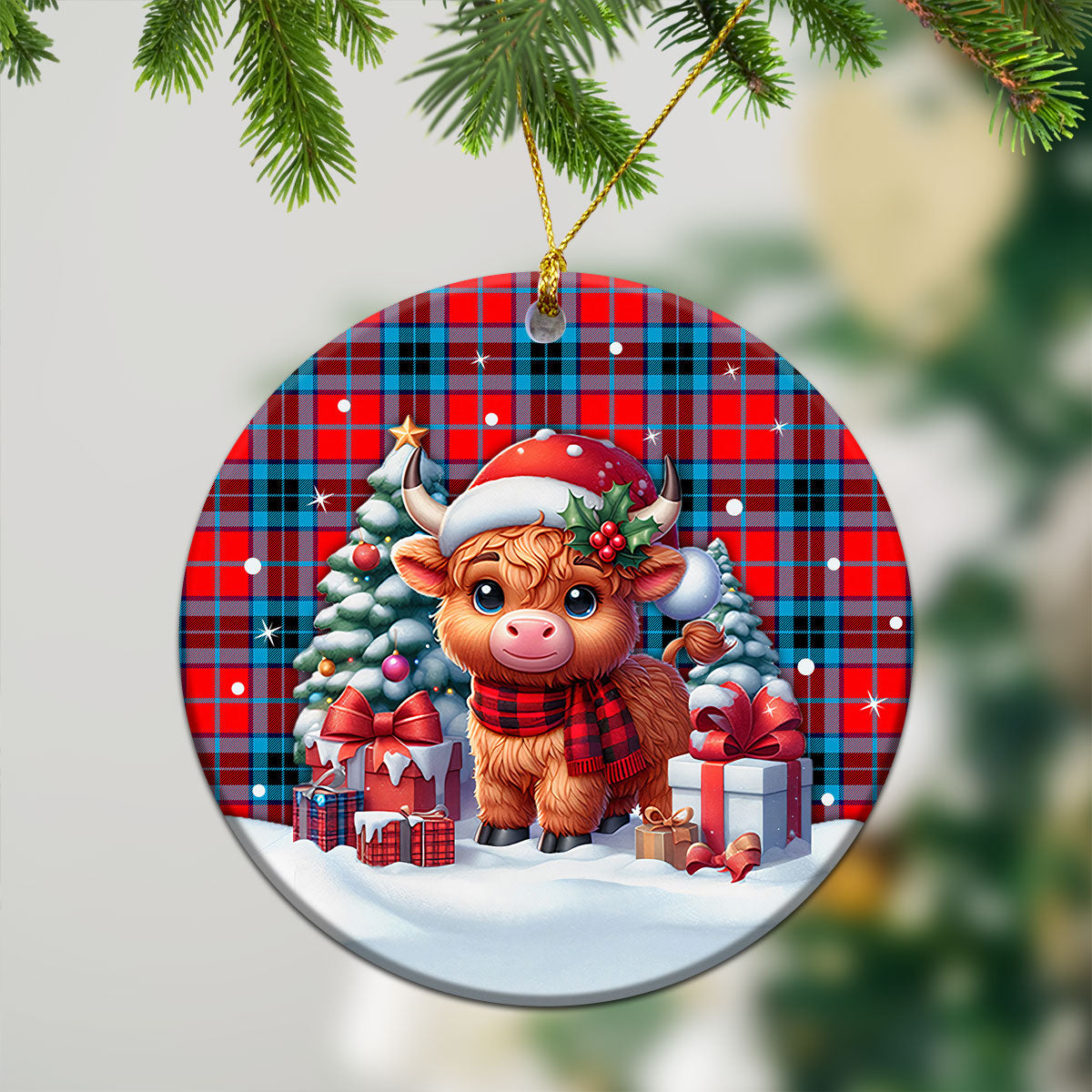 McTavish Modern Tartan Christmas Ceramic Ornament - Highland Cow Winter Style