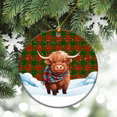 Menzies Green Modern Tartan Christmas Ceramic Ornament - Highland Cows Snow Style