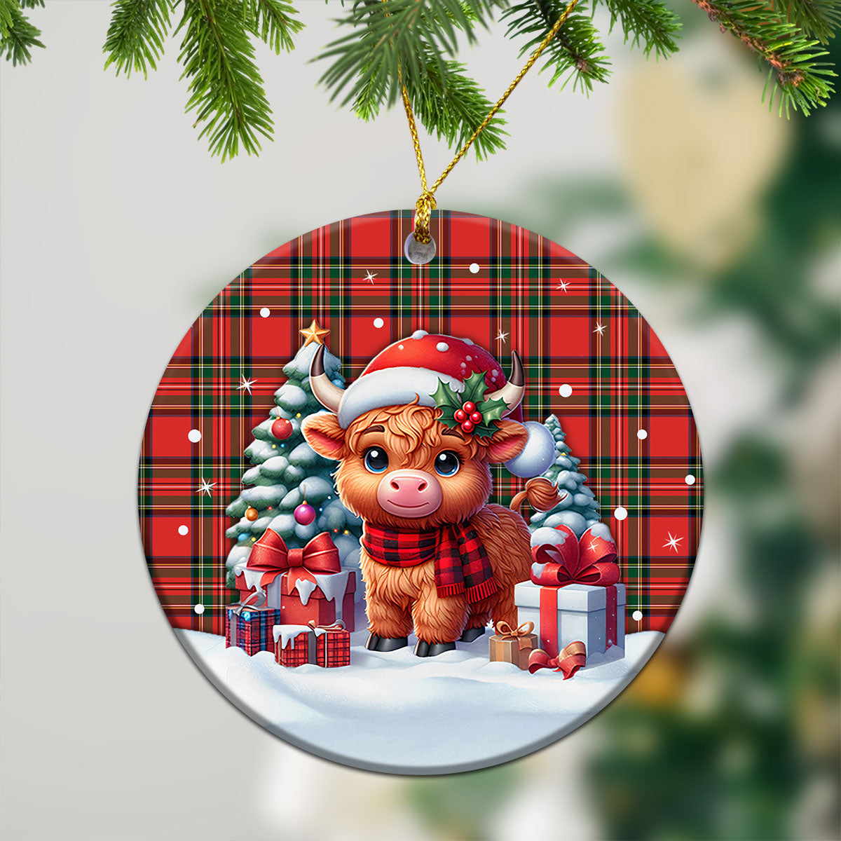 Monypenny Tartan Christmas Ceramic Ornament - Highland Cow Winter Style