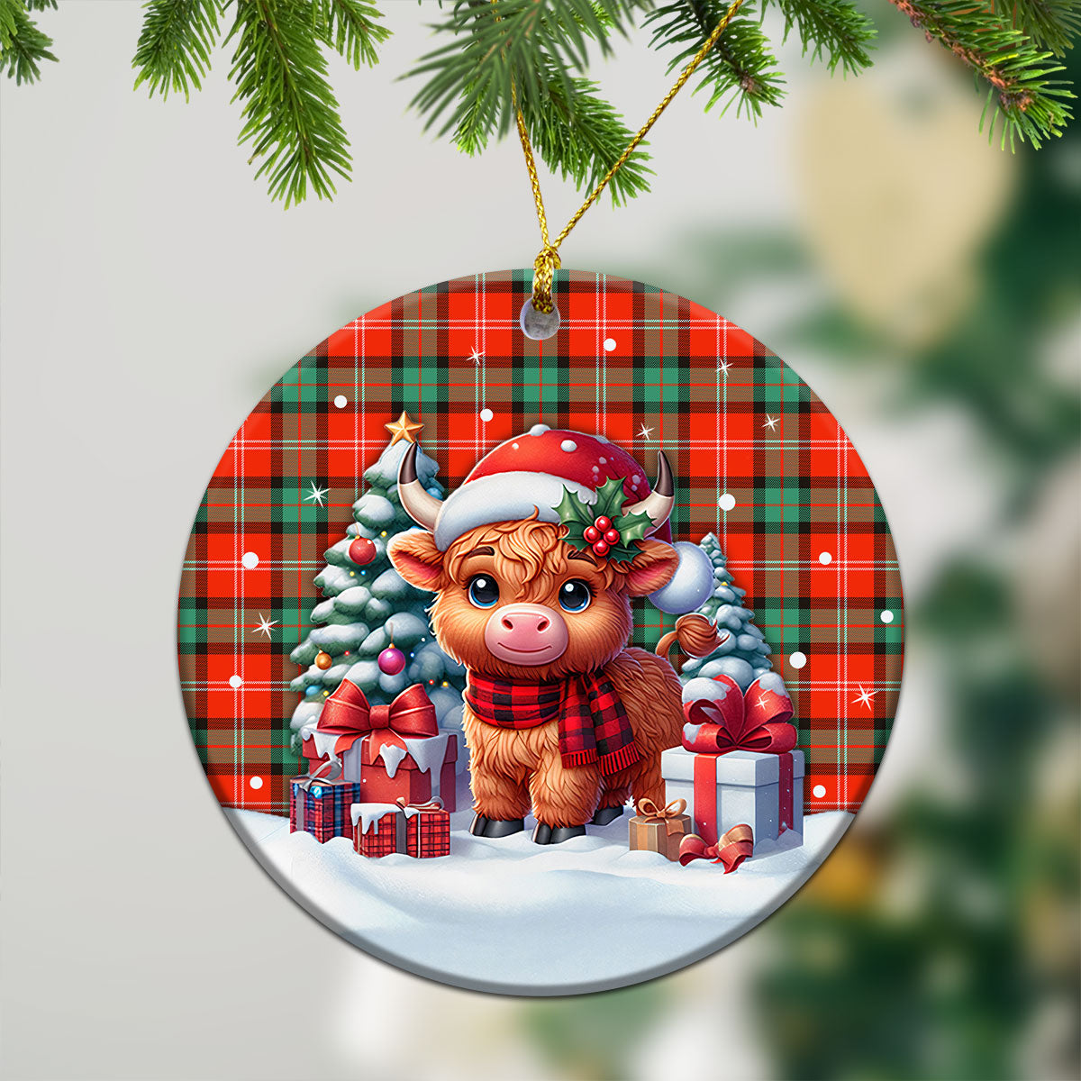 Nesbitt Ancient Tartan Christmas Ceramic Ornament - Highland Cow Winter Style