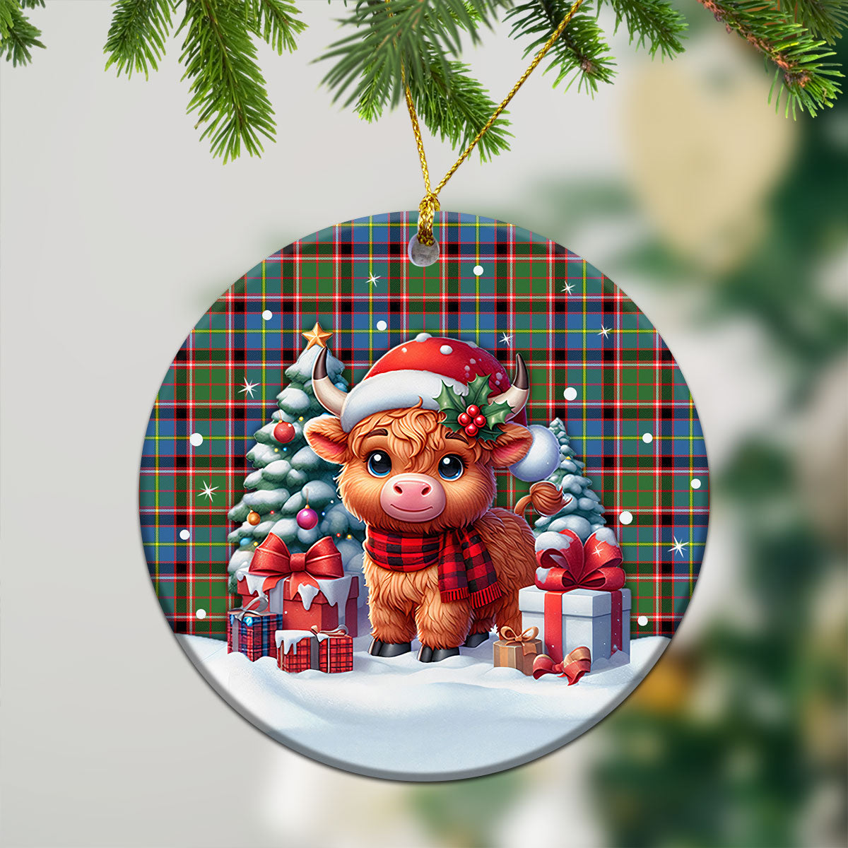 Norvel (or Norvill) Tartan Christmas Ceramic Ornament - Highland Cow Winter Style