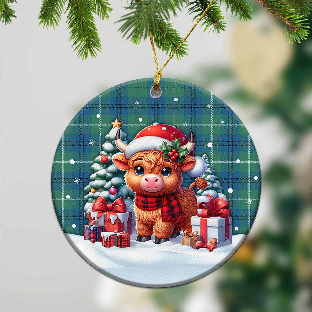 Oliphant Ancient Tartan Christmas Ceramic Ornament - Highland Cow Winter Style