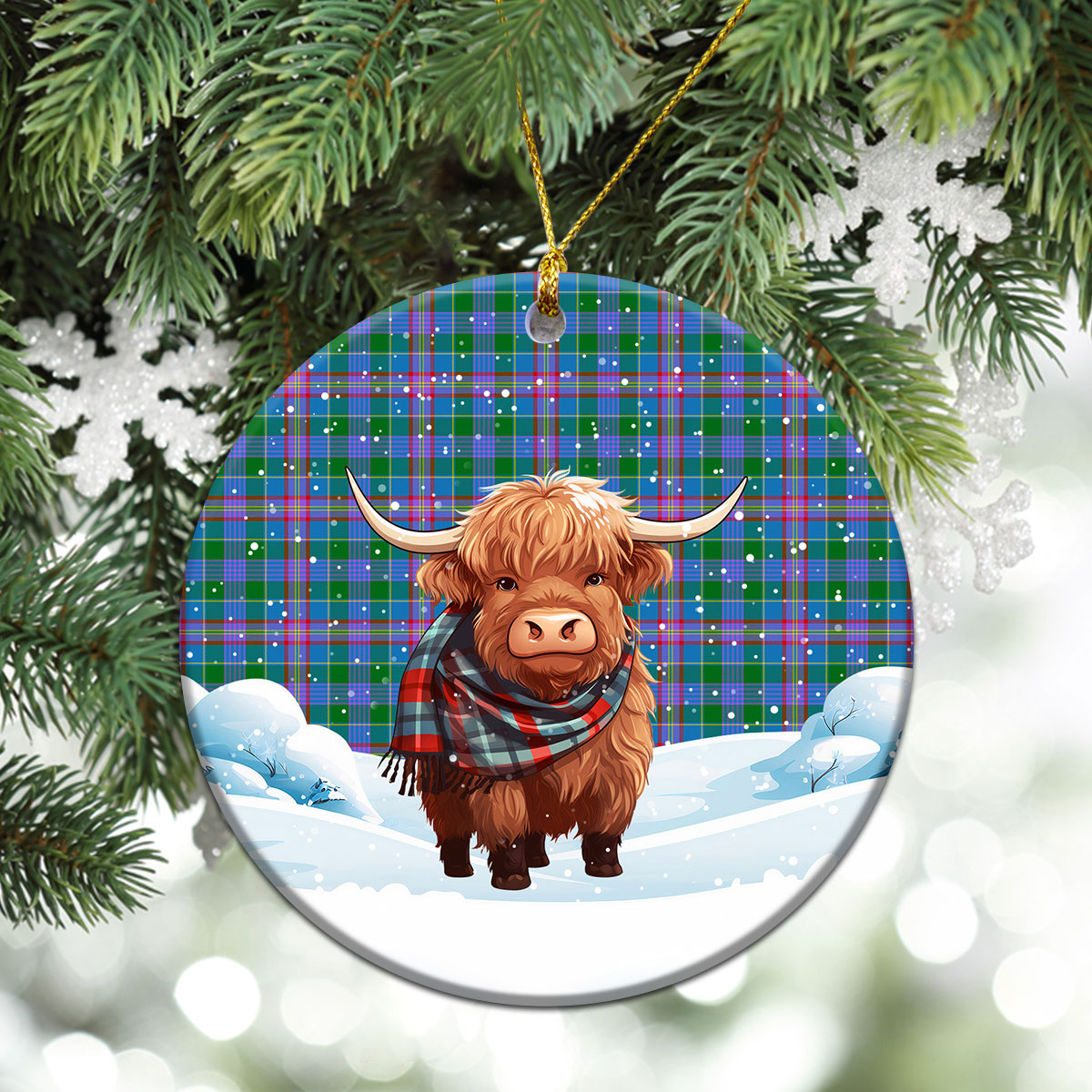 Pitcairn Hunting Tartan Christmas Ceramic Ornament - Highland Cows Snow Style