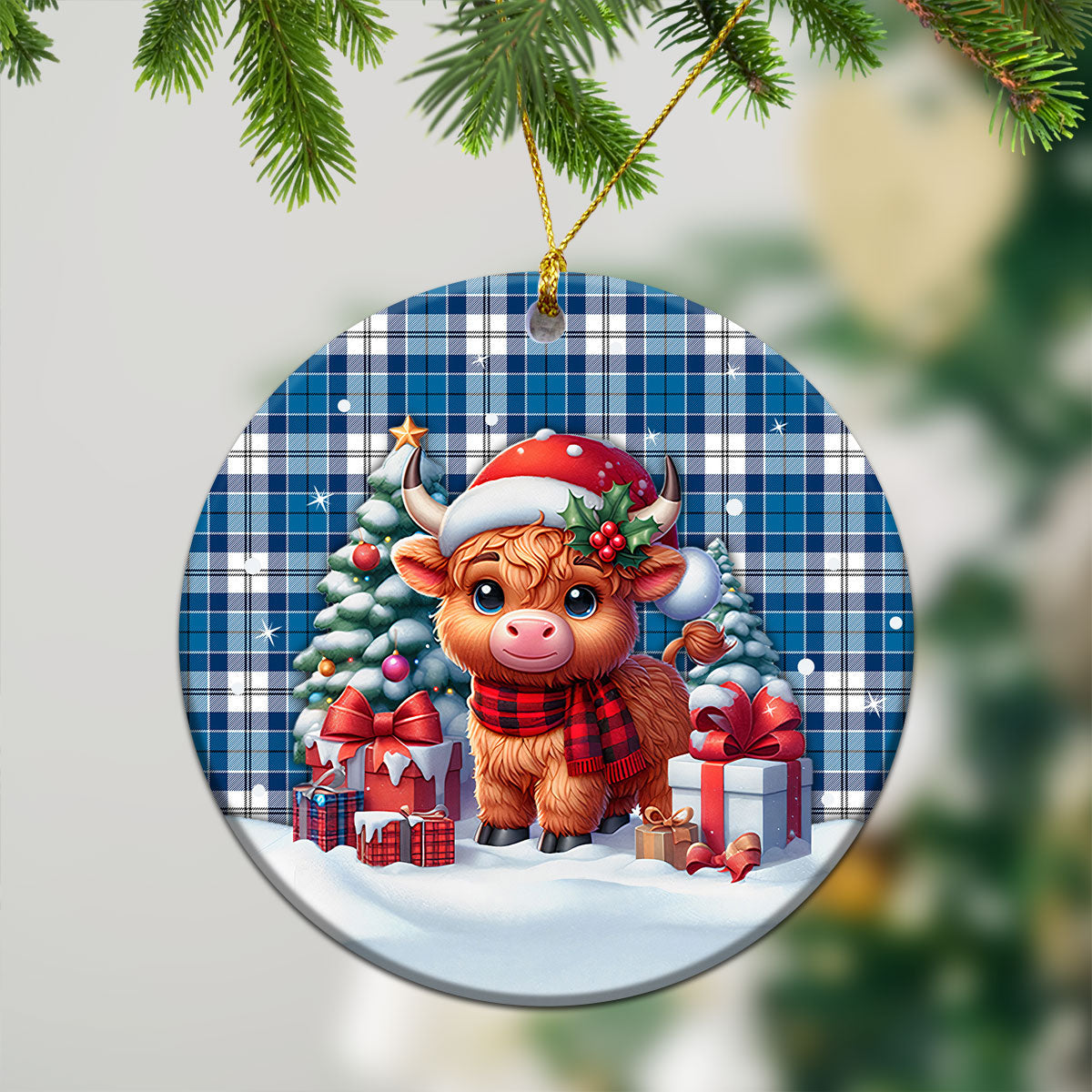 Roberton Tartan Christmas Ceramic Ornament - Highland Cow Winter Style