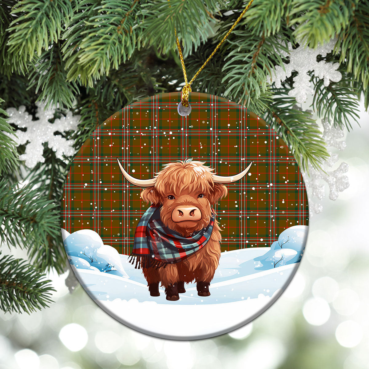 Scott Brown Modern Tartan Christmas Ceramic Ornament - Highland Cows Snow Style