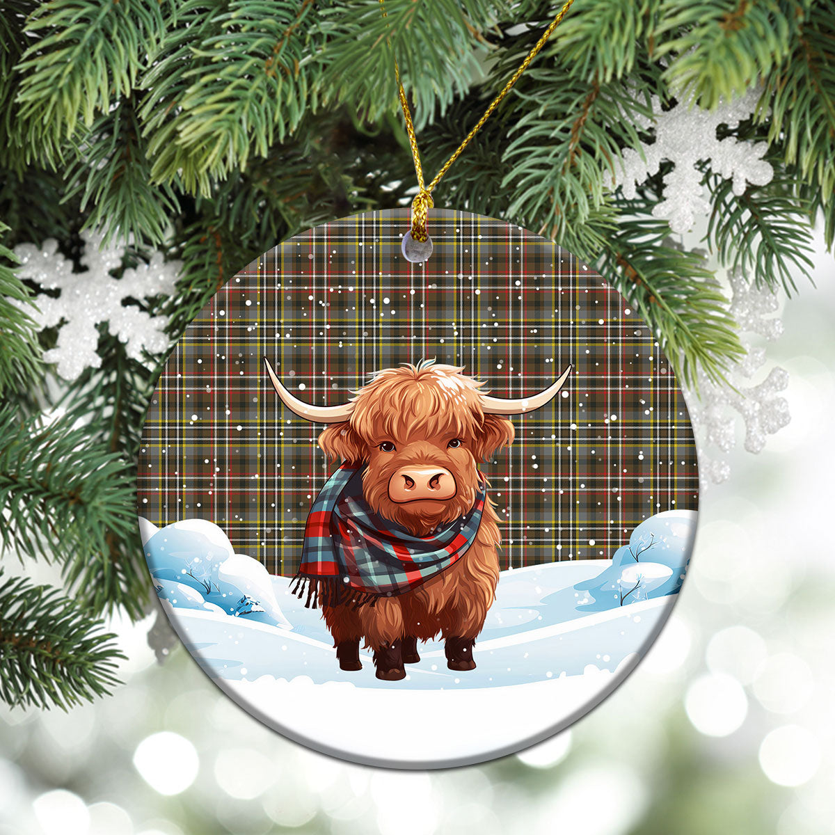 Scott Green Weathered Tartan Christmas Ceramic Ornament - Highland Cows Snow Style