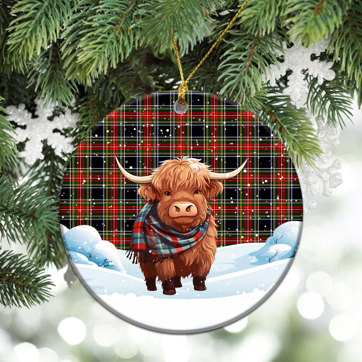 Stewart Black Tartan Christmas Ceramic Ornament - Highland Cows Snow Style